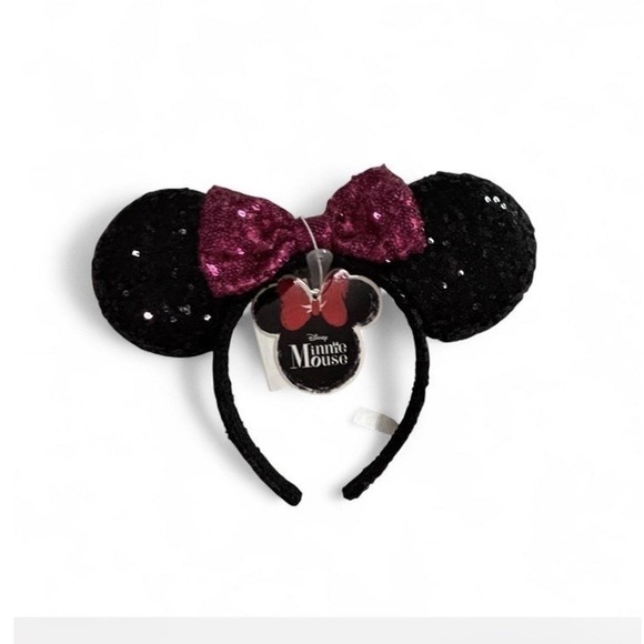 Disney Minnie Mouse Sequin Ears Headband Pink Glitter Bow Black - Picture 1 of 4